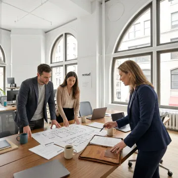 Startup team reviewing private office options