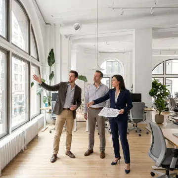 NYC startup team touring office space with broker