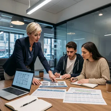 Advisor reviewing office options with startup founders