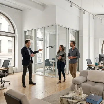 Startup team touring modern office space