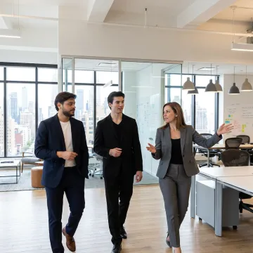 NYC startup team touring modern office space