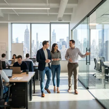 Startup team touring a modern NYC office space