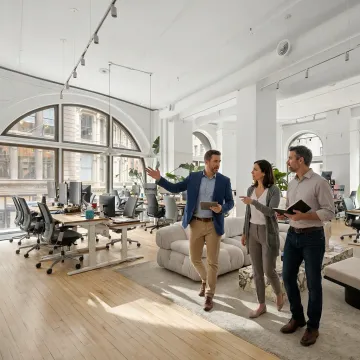 NYC startup team touring modern office space