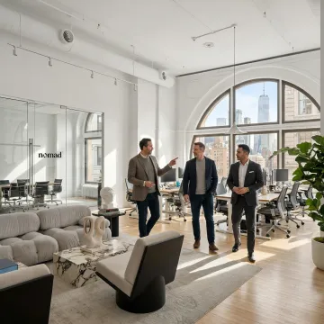Startup team touring a modern office space