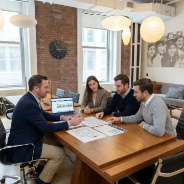 Broker advising clients on private office lease options