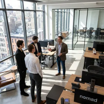 Broker guiding a startup team through office options