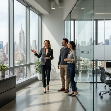 Broker touring Times Square office space with clients
