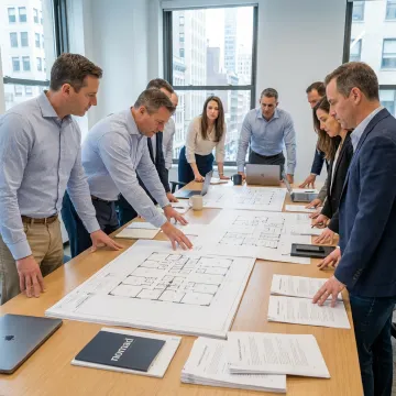 Team reviewing office lease plans