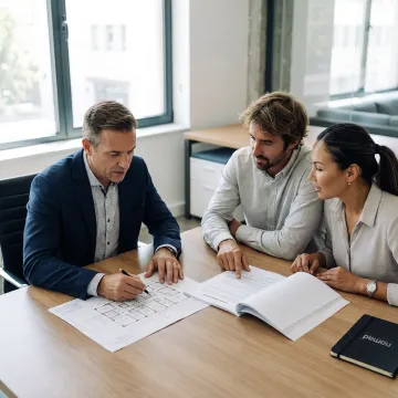 Broker reviewing office lease options with clients