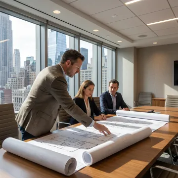 Commercial real estate advisor reviewing office plans