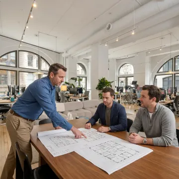 Commercial real estate advisor reviewing office floor plans