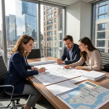 Office leasing advisor reviewing NYC floor plans