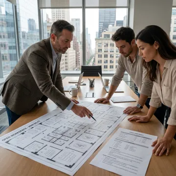 Broker reviewing office plans with a New York business team