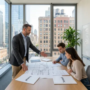 NYC commercial real estate broker advising clients in an office space