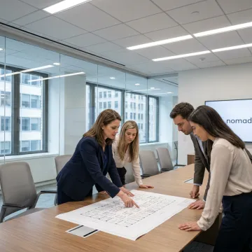 CRE advisor reviewing office space plans with business leaders