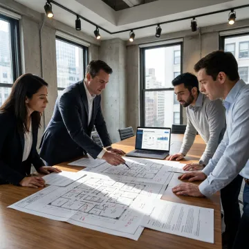 Office leasing advisor reviewing floor plans with clients