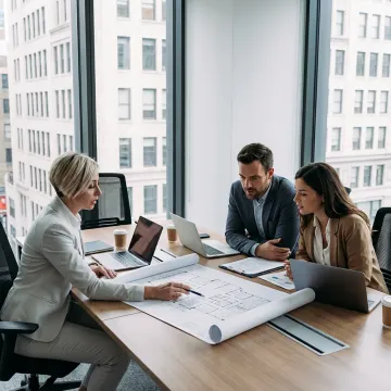Commercial real estate advisor reviewing office plans