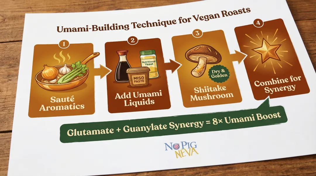 Umami flavor building technique combining mushrooms soy sauce and aromatics