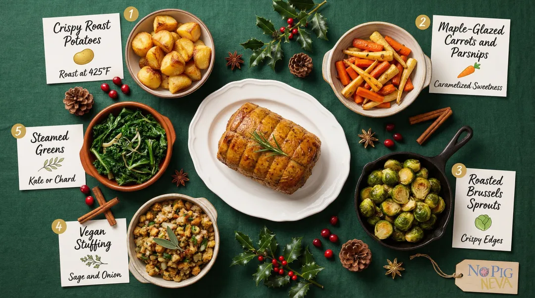 Vegan Christmas dinner complete side dish lineup with preparation methods
