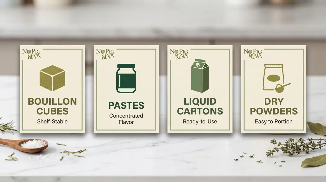 Four types of store-bought vegan chicken broth products comparison infographic