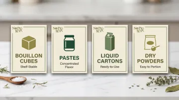 Four types of store-bought vegan chicken broth products comparison infographic