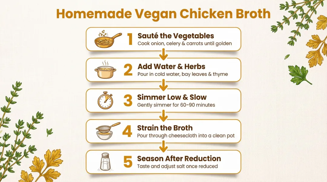 Five-step simmered vegan chicken broth recipe process flow infographic