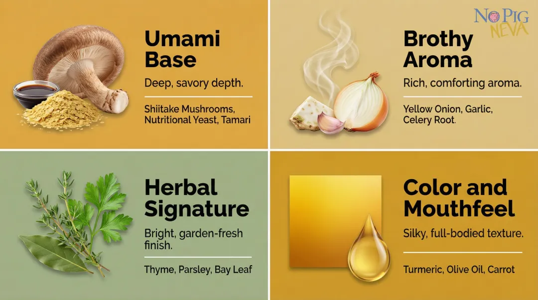 Four components of vegan chicken broth flavor science breakdown infographic
