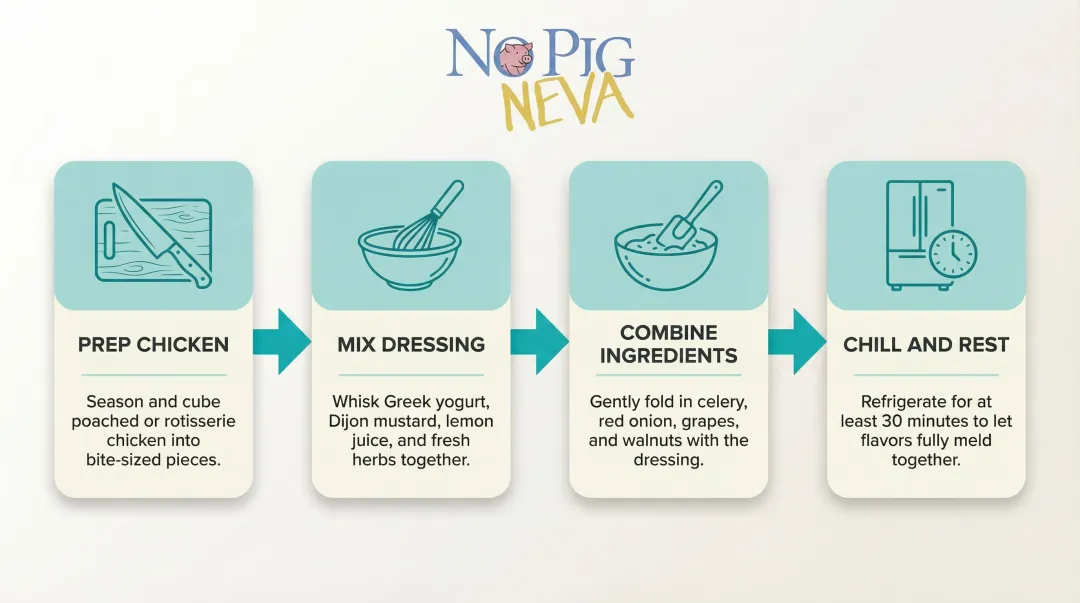 Four-step mayo-free chicken salad preparation process flow diagram