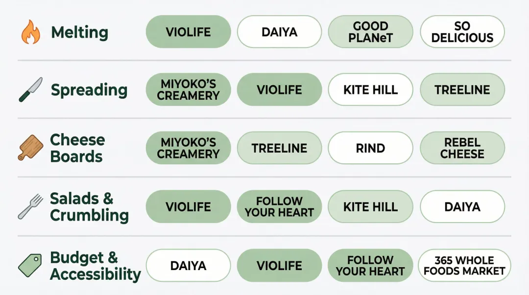 Plant-based cheese brand comparison by use case melting spreading snacking and crumbling