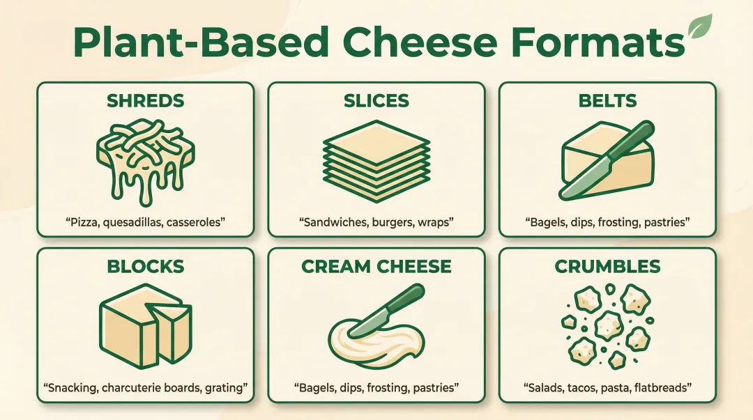 Five plant-based cheese format types and their best culinary uses