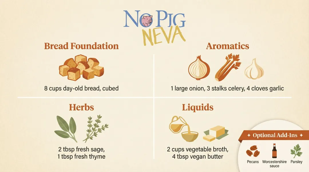Vegan stuffing ingredients list organized by category with icons and quantities