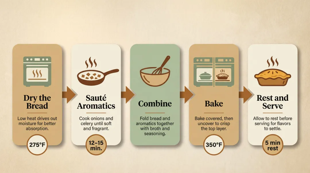 5-step vegan stuffing recipe process flow from bread drying to serving