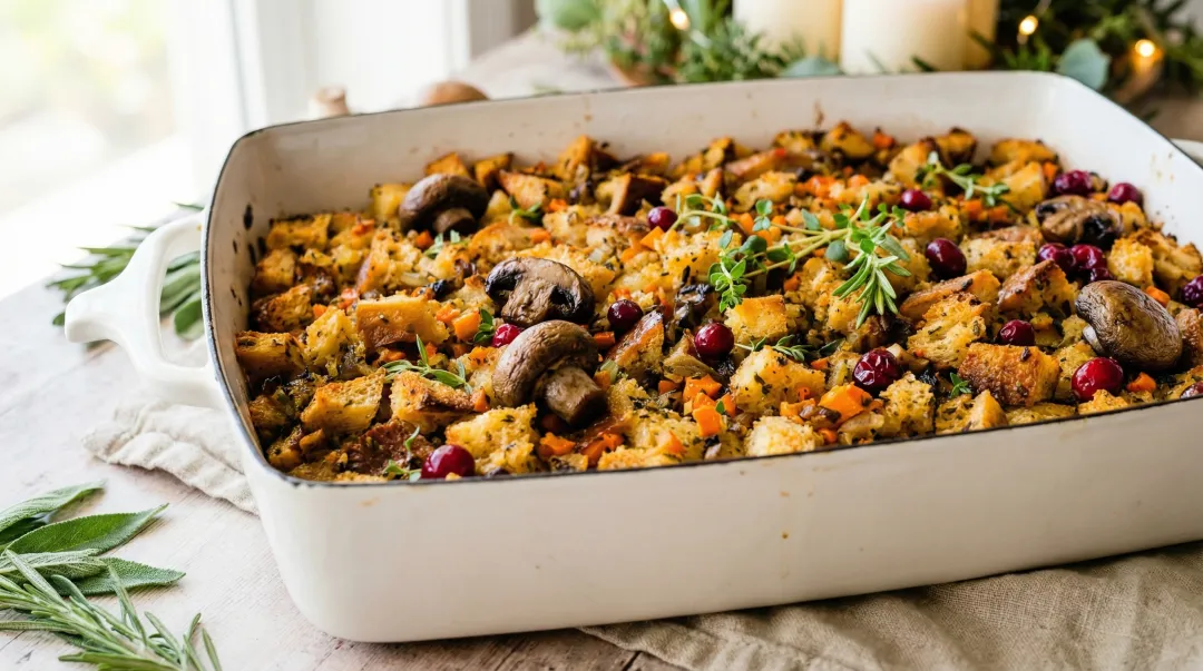 Vegan stuffing casserole with mushrooms cranberries and roasted squash add-ins