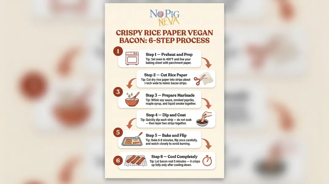 Six-step rice paper vegan bacon baking process flow infographic