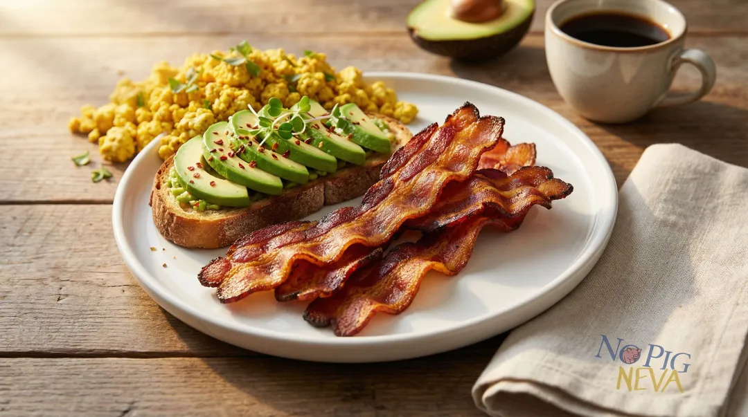 Crispy vegan bacon strips served on breakfast plate with avocado toast