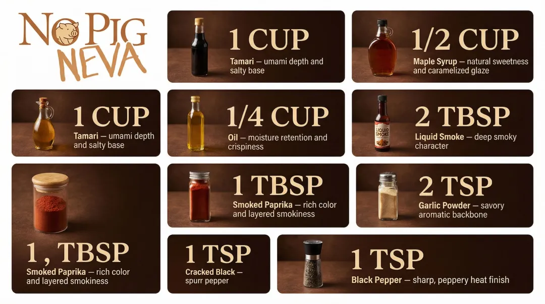 Crispy vegan bacon smoky marinade seven ingredients breakdown infographic