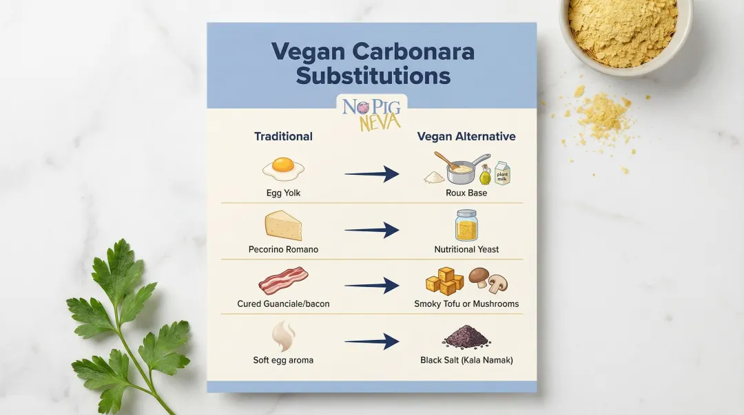 Four vegan carbonara ingredient substitutions replacing eggs cheese and bacon