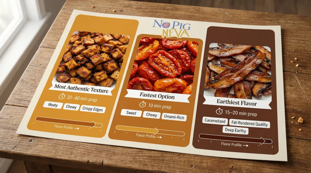 Three vegan bacon substitutes for carbonara compared by time flavor and texture