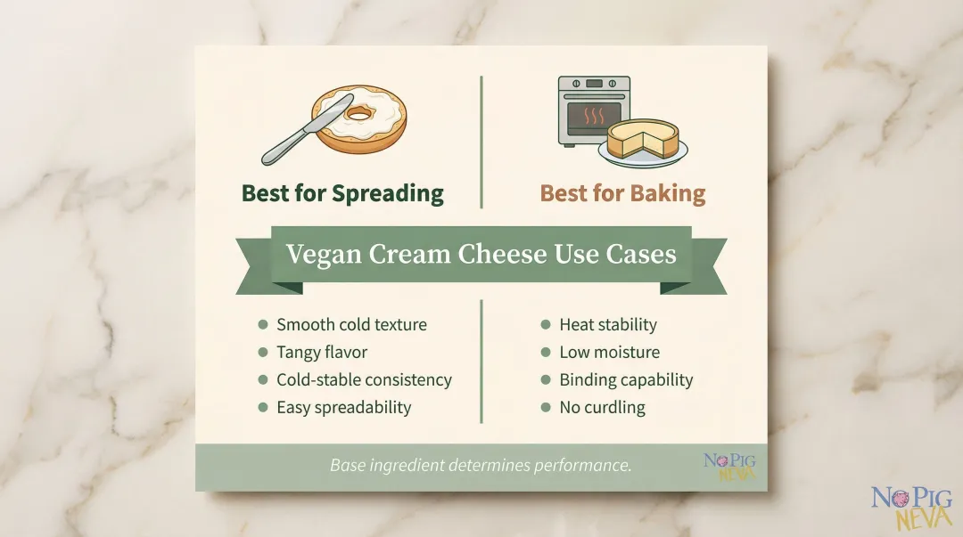 Vegan cream cheese spreading versus baking performance requirements comparison infographic