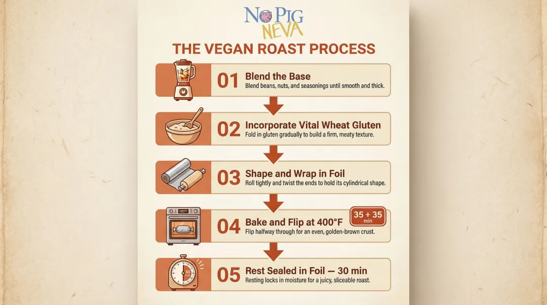 5-step vegan roast baking process from blending to resting infographic