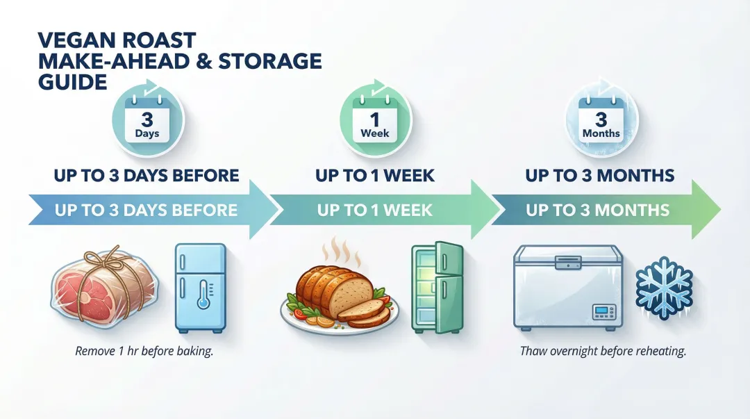 Vegan roast make-ahead timeline and storage duration options infographic