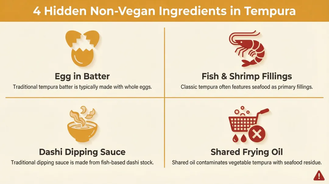 Four hidden non-vegan ingredients in traditional tempura illustrated breakdown