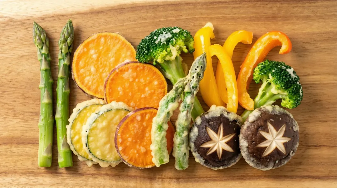 Colorful assortment of fresh vegetables ideal for vegan tempura frying