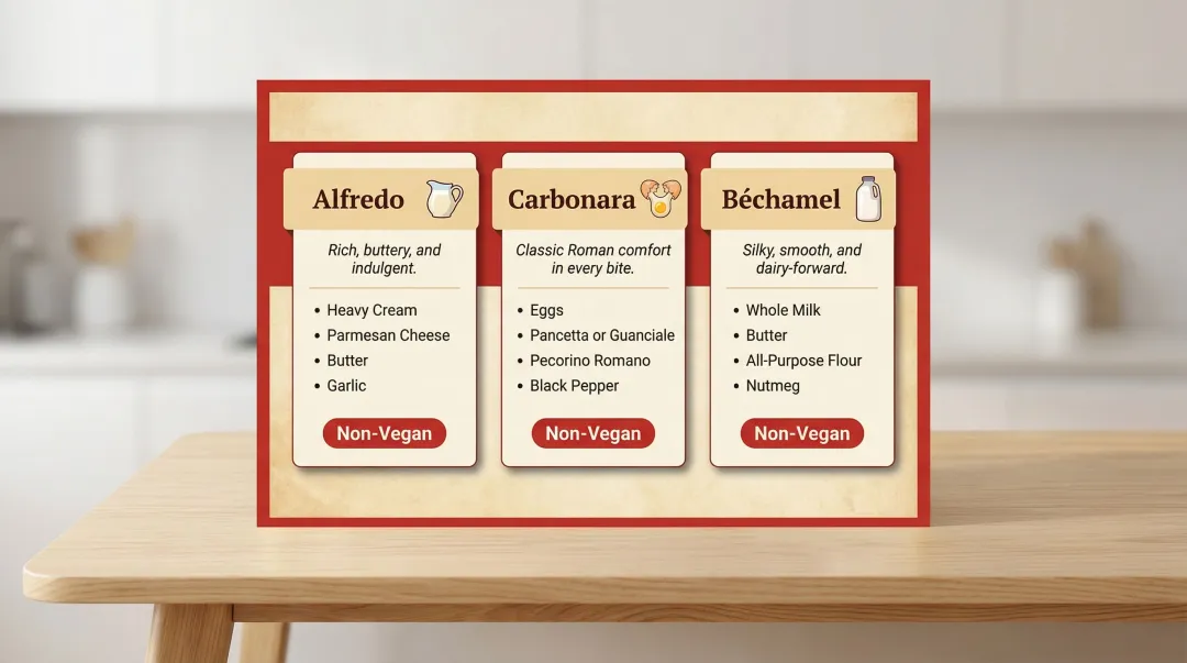 Alfredo carbonara and béchamel sauce vegan status comparison chart