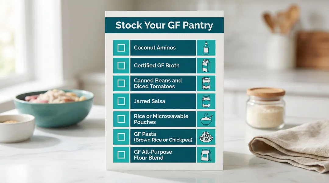 Gluten-free weeknight pantry staples checklist with seven essential ingredients