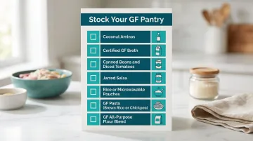 Gluten-free weeknight pantry staples checklist with seven essential ingredients