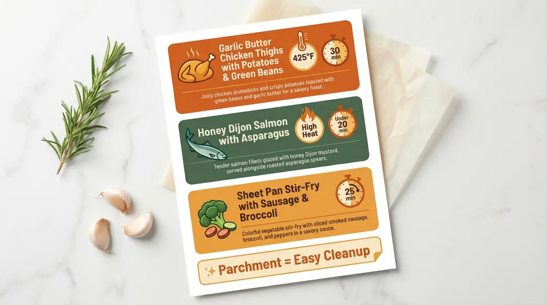 Three gluten-free sheet pan dinner combinations with temperature and timing guide