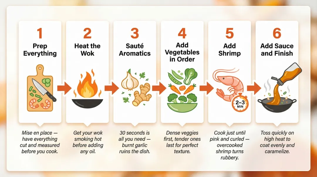 6-step shrimp stir fry cooking process from prep to serving