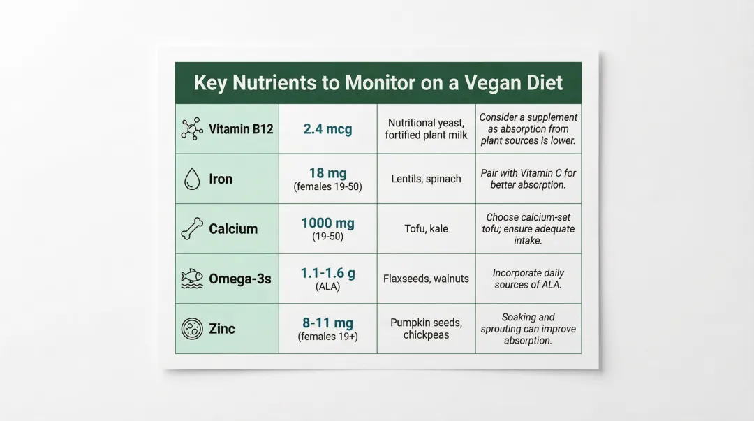 Five key vegan nutrients daily targets food sources and absorption tips table