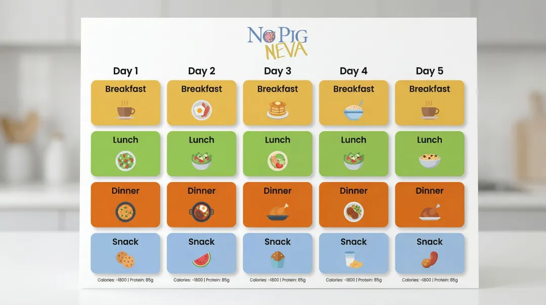 5-day vegan meal plan overview table with breakfast lunch dinner and snacks